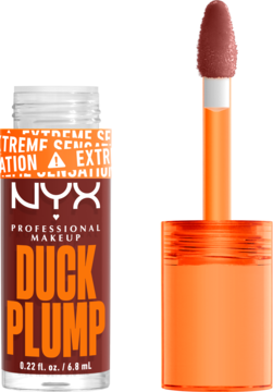 Ciemnobrązowy błyszczyk NYX Duck Plump z pomarańczowym aplikatorem, z przodu napis „DUCK PLUMP”.