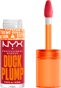 NYX Duck Plump Cherry Spice, błyszczyk powiększający usta w otwartej, pomarańczowej tubce z aplikatorem pełnym różowej formuły.