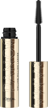 Otwarty tusz L'Oréal Volume Million Lashes Panorama w złotej tubie z czarną precyzyjną szczoteczką.