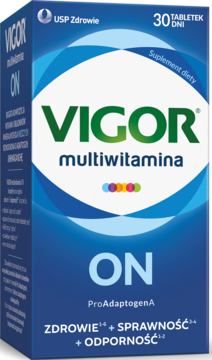 Niebieskie pudełko suplementu Vigor multiwitamina ON dla mężczyzn, z napisem VIGOR multiwitamina, widok z przodu.
