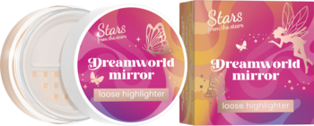 Dreamworld mirror loose highlighter: open white jar revealing shimmery powder, next to its pink box with fairy design.
