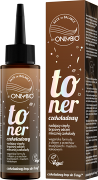 OnlyBio Hair in Balance, toner czekoladowy brąz (mleczna czekolada). Butelka i pudełko widoczne z przodu.