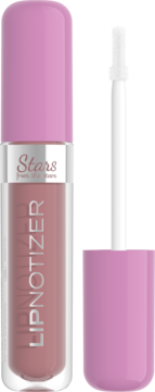 Błyszczyk Stars from the Stars Lipnotizer w odcieniu nude, przezroczysta butelka z różową nakrętką i aplikator obok.