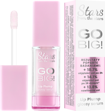 Stars from the stars GO BIG! Lip Plump glossy serum w różowo-przezroczystej butelce i różowym kartoniku.