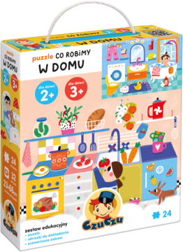Puzzle edukacyjne Czuczu Co robimy w domu, pudełko z barwnymi ilustracjami domowych czynności, widok z przodu.
