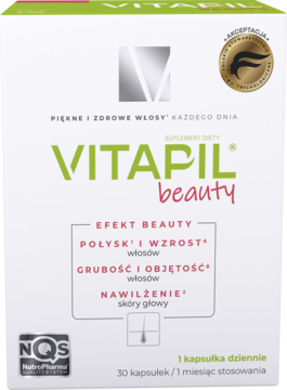 Białe opakowanie suplementu diety VITAPIL beauty na włosy: wzrost, połysk, grubość i nawilżenie, widok z przodu.