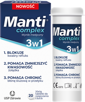 Manti Complex 3w1, białe opakowanie i tuba na zgagę, widok z przodu. Blokuje refluks i zmniejsza kwasowość.