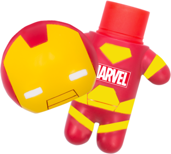 Balsam do ust Iron Man Marvel w kształcie figurki breloka, czerwono-żółte detale, widok z przodu, lekko pod kątem.