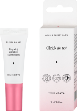 Your Kaya Cherry Glow wegański olejek do ust: tubka z różową nasadką obok różowo-białego pudełka, widok z przodu.