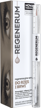 Regenerum serum regenerujące do rzęs i brwi. Białe pudełko z grafiką oka i przezroczystą butelką z przodu.
