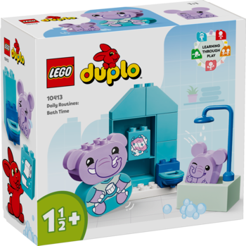 Frontowe opakowanie LEGO Duplo Codzienne Czynności – Kąpiel, z fioletowymi figurkami słoników i łazienką.