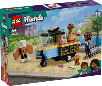 Pudełko Lego Friends Mobilna Piekarnia 42604 z niebiesko-żółtym wózkiem, dwoma minilaleczkami i psem.