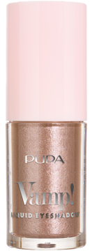 PUPA Vamp! Liquid Eyeshadow nr 010, błyszczący, w przezroczystej butelce z jasnoróżową zakrętką, widok z przodu.