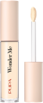 Light beige Pupa Wonder Me liquid concealer in a clear bottle, with its open cap and doe-foot applicator.