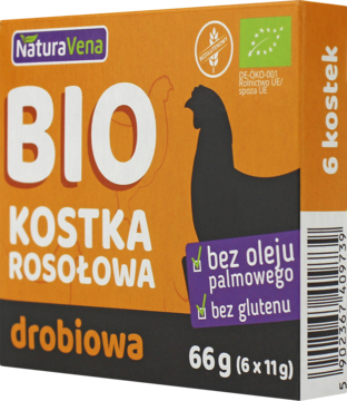 NaturaVena BIO kostki rosołowe drobiowe w pomarańczowym pudełku, z kurczakiem, bez oleju palmowego i glutenu.
