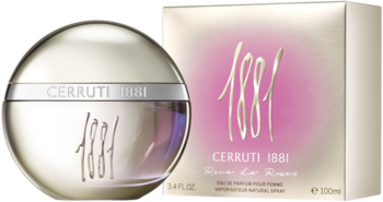 Owalna butelka Cerruti 1881 Rêve De Roses w kolorze szampańskim, z beżowym pudełkiem, widok z przodu.