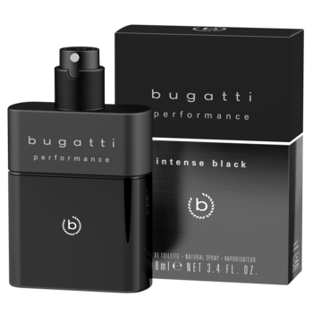 Czarna woda toaletowa Bugatti Performance Intense Black dla mężczyzn, widok z przodu butelki i pudełka.