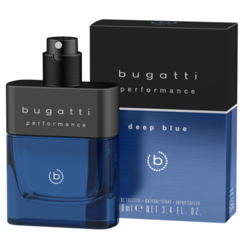 Męska woda toaletowa Bugatti Performance Deep Blue: ciemnoniebieska butelka, obok pasujące pudełko.