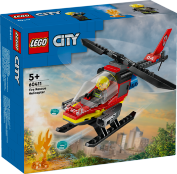 Opakowanie LEGO City Fire Rescue Helicopter 60411, niebieskie pudełko z modelem czerwono-czarnego helikoptera strażackiego.