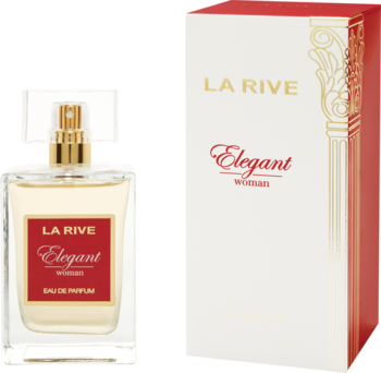LA RIVE Elegant Woman EDP, prostokątna butelka z czerwoną etykietą i złotym atomizerem, obok biało-czerwone pudełko.
