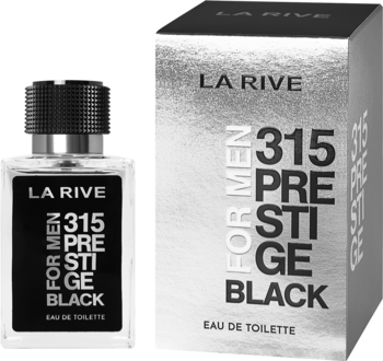 La Rive 315 Prestige Black woda toaletowa męska. Butelka z czarną nakrętką, obok błyszczące srebrne pudełko.