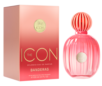Różowy, żeberkowany flakon i gradientowe pudełko perfum Banderas The Icon Splendid, ujęcie ukośne.