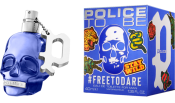Męska woda toaletowa Police To Be #FREETODARE, niebieska butelka-czaszka i pudełko z grafiką graffiti.