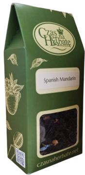 Zielone pudełko sypanej herbaty Czas na Herbatę o smaku Spanish Mandarin, widok z przodu z okienkiem.