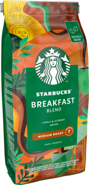 Zielona kawa ziarnista Starbucks Breakfast Blend, średnio palona (7), z cytrusowymi nutami, widok z przodu.