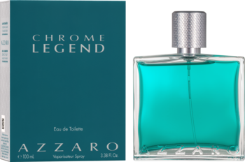 Azzaro Chrome Legend: ciemnoturkusowe pudełko z srebrnym napisem obok butelki z turkusowym płynem.