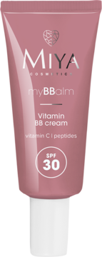 Miya myBBbalm Vitamin BB cream SPF 30, pudroworóżowa tubka z białym korkiem, widok z przodu.