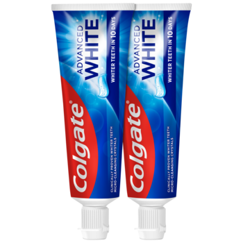 Dwie tubki pasty Colgate Advanced White z aktywnymi mikrokryształkami, widok z przodu, niebiesko-białe.