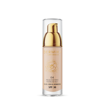 Pielęgnacyjny podkład Dermika Luxury Ceramides 04 SPF 30, butelka ze złotą pompką, widok z przodu.