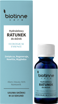 Biotinne Hydrożelowy RATUNEK do skórek: niebieskie pudełko i butelka z aloesem i AHA, widok z przodu.