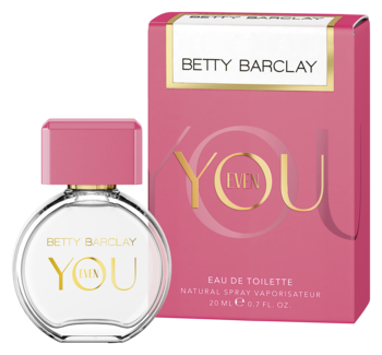 Perfumy Betty Barclay Even You 20ml, przezroczysta butelka z różową nakrętką obok różowego pudełka.