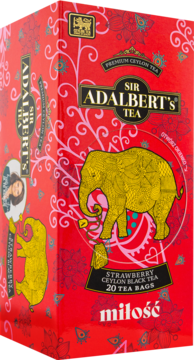 Sir Adalbert's Strawberry Ceylon Tea, czerwone pudełko z złotym słoniem i napisem Miłość, 20 torebek, widok pod kątem.