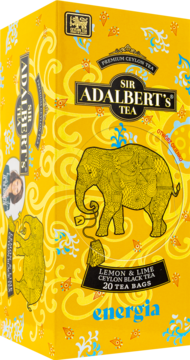Żółte opakowanie herbaty Sir Adalbert's Lemon & Lime Ceylon Black Tea Energia z ilustracją słonia, widok z przodu pod kątem.