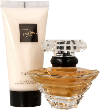 Zestaw Lancome Tresor: flakon damskiej wody perfumowanej i kremowa tuba balsamu do ciała na ciemnym tle.