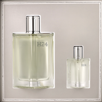 Zestaw Hermes H24 woda toaletowa: dwie eleganckie butelki 100ml i 12.5ml z metalowymi korkami, widok z przodu.