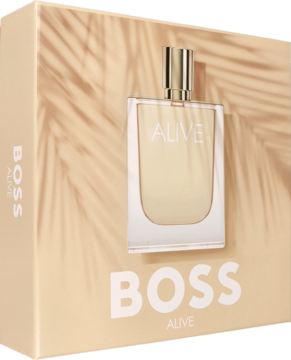 Zestaw HUGO BOSS Alive: perfumy w kwadratowej butelce przed beżowym pudełkiem z cieniem palm i napisem BOSS.