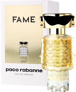 Paco Rabanne Fame, woda perfumowana, złoty flakon-robot w okularach, obok jasne pudełko, widok z przodu.
