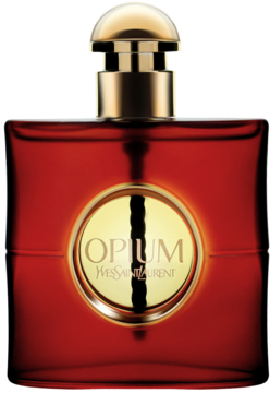 YSL Opium woda perfumowana, czerwony, prostokątny flakon ze złotą etykietą i nakrętką, widok frontalny.