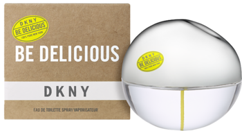 Perfumy DKNY Be Delicious: obok brązowego pudełka z logo, stoi srebrno-biała butelka w kształcie jabłka.