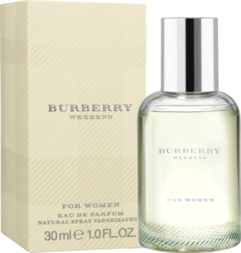 Perfumy Burberry Weekend dla kobiet 30ml w przezroczystej butelce i beżowym pudełku w kratę, widok z przodu.