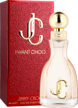 Jimmy Choo I Want Choo EDP 40ml, butelka w kształcie klepsydry ze złotym logo przed teksturowanym czerwonym pudełkiem.