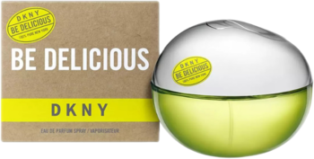 DKNY Be Delicious, perfumy w butelce przypominającej zielone jabłko, obok kartonowego opakowania, widok z przodu.