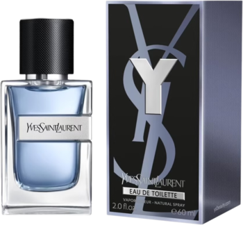 Yves Saint Laurent Y woda toaletowa męska. Przezroczysty flakon z niebieskim płynem i czarne pudełko z wyrazistym srebrnym Y.