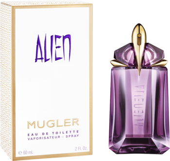 Thierry Mugler Alien EDT: biało-złoty kartonik i fioletowy, rzeźbiony flakon perfum, widok obok siebie.