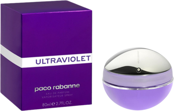 Paco Rabanne Ultraviolet Eau de Parfum: fioletowe pudełko i okrągły flakon, widoczne z przodu pod kątem.