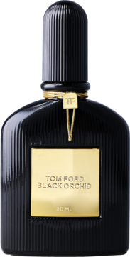 Tom Ford Black Orchid 30 ml, czarna woda perfumowana w ryflowanym flakonie ze złotą etykietą, ujęcie frontalne.